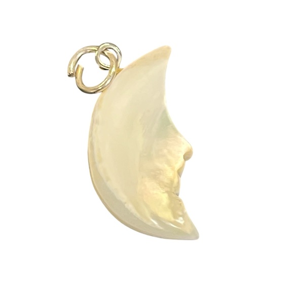 White Carved Mother of Pearl Crescent Moon with Face - Picture 2 of 2